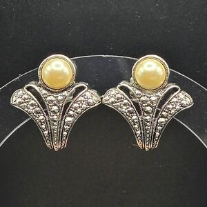 KJL for Avon Vintage Post Earrings Faux Pearl & Marcasite‑Look Silver Tone 1990s